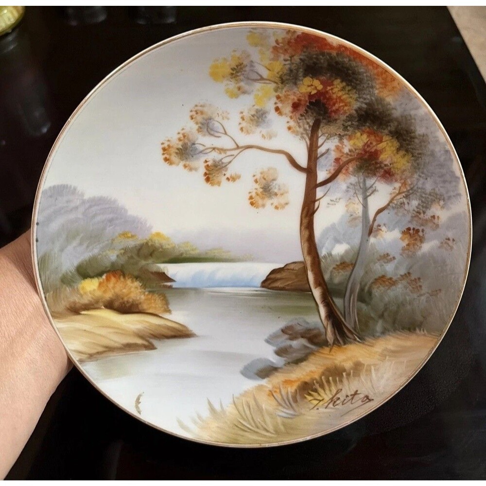 Vintage Hand Painted Japanese 7.25” Waterfall Wilderness Decorative Plate